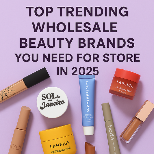 Banner featuring top trending wholesale beauty brands in 2025 including NARS, Sol de Janeiro, Summer Fridays, Laneige, Rhode, and more — perfect for resellers, boutiques, and online beauty stores.