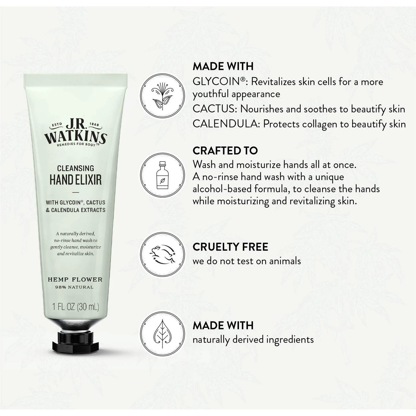 J.R. Watkins Hemp Flower Hand Elixir, No Rinse Waterless Cleansing Hand Wash 1.0 oz