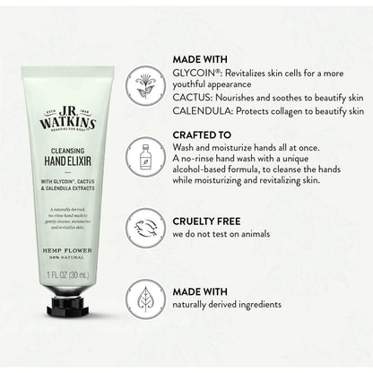 J.R. Watkins Hemp Flower Hand Elixir, No Rinse Waterless Cleansing Hand Wash 1.0 oz